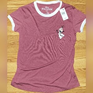 Disney Frozen Olaf Womens Small T-Shirt - Burgundy with White Trim